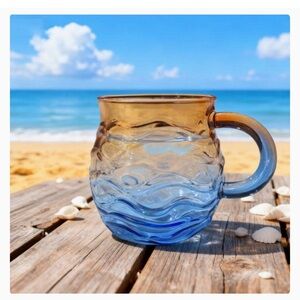 Blue and Orange Wavy Glass Mugs/Set of Four. NIB
